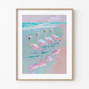 Flamingo Dance | Fun Tropical Bird Ocean Painting | Colorful Pastel Impressionist | Pretty Beach Coastal Art | Sea Life Printable & Download