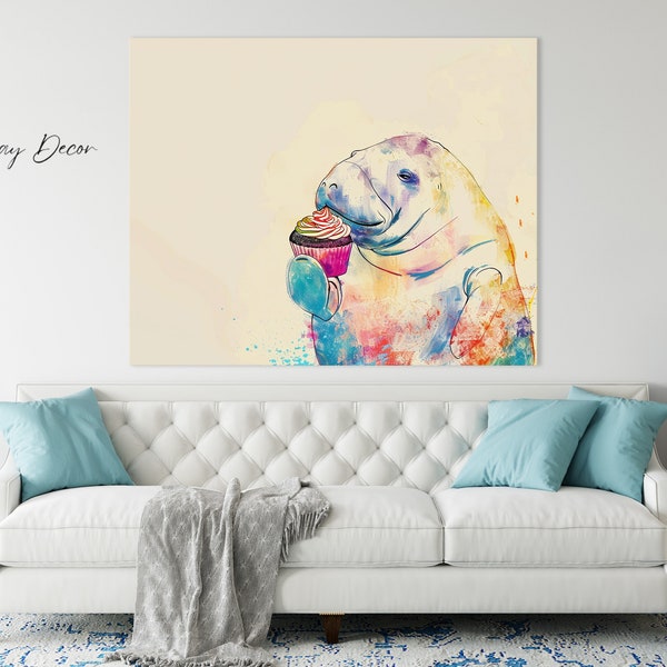 Sea Cow Dessert - Whimsical Manatees - Sea Cow Lovers - Kitchen Wall Art - Manatee Eating Cupcake - Bakery Wall Art - Colorful Sketch Print