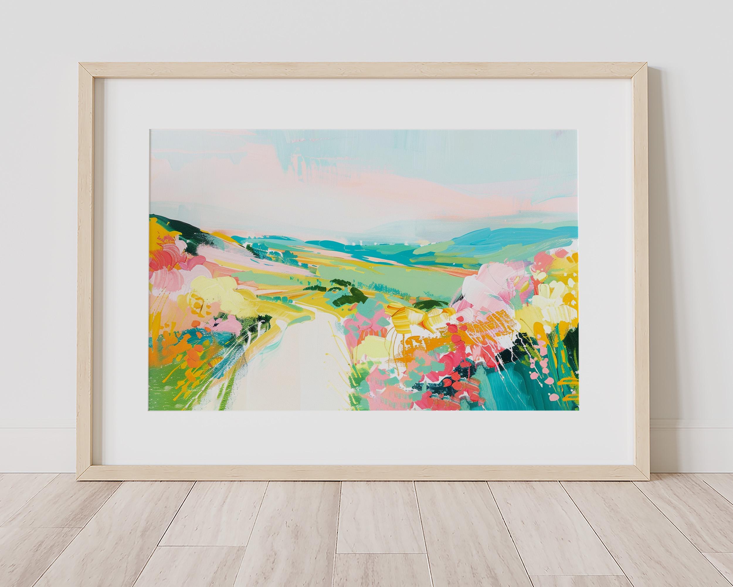 カラフルな花の咲く小道 - 春の田園風景画 - 草原の丘の風景 - 抽象的