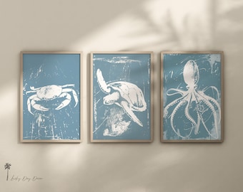 Cangrejo, tortuga marina y pulpo / Colección de vida marina de 3 obras de arte de playa / Arte costero / Turquesa suave / Imágenes de playa / Descarga imprimible