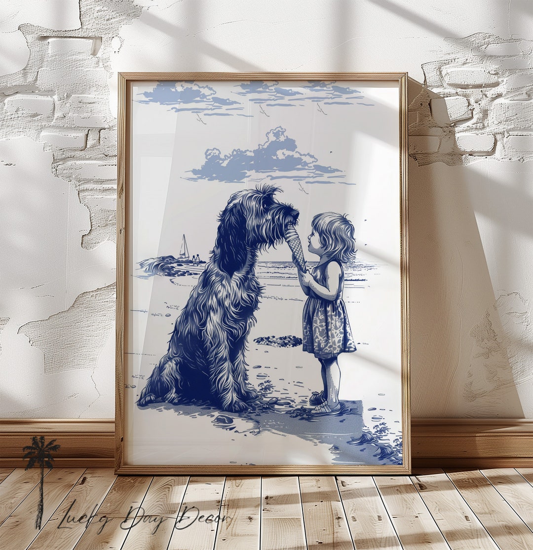 Coastal Dog Ice Cream Cone Print - Cute Vintage Coastal Home Art for Dog Lovers - Nursery Wall Decor in Simple Navy Blue Sketch - Etsy Japan