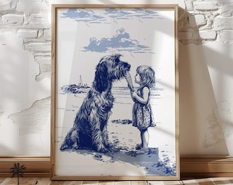 Coastal Dog Ice Cream Cone Print - Cute Vintage Coastal Home Art for Dog Lovers - Nursery Wall Decor in Simple Navy Blue Sketch