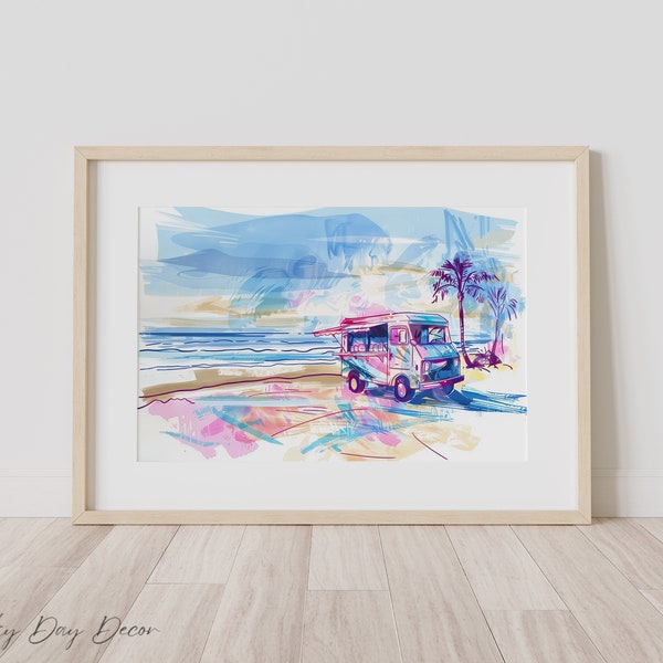 Beach Food Truck - Surfer Life - Colorful Pastel Sketch - Surf Sun Tacos - Beach House Condo Apartment Print -Simplistic Coastal  - Download