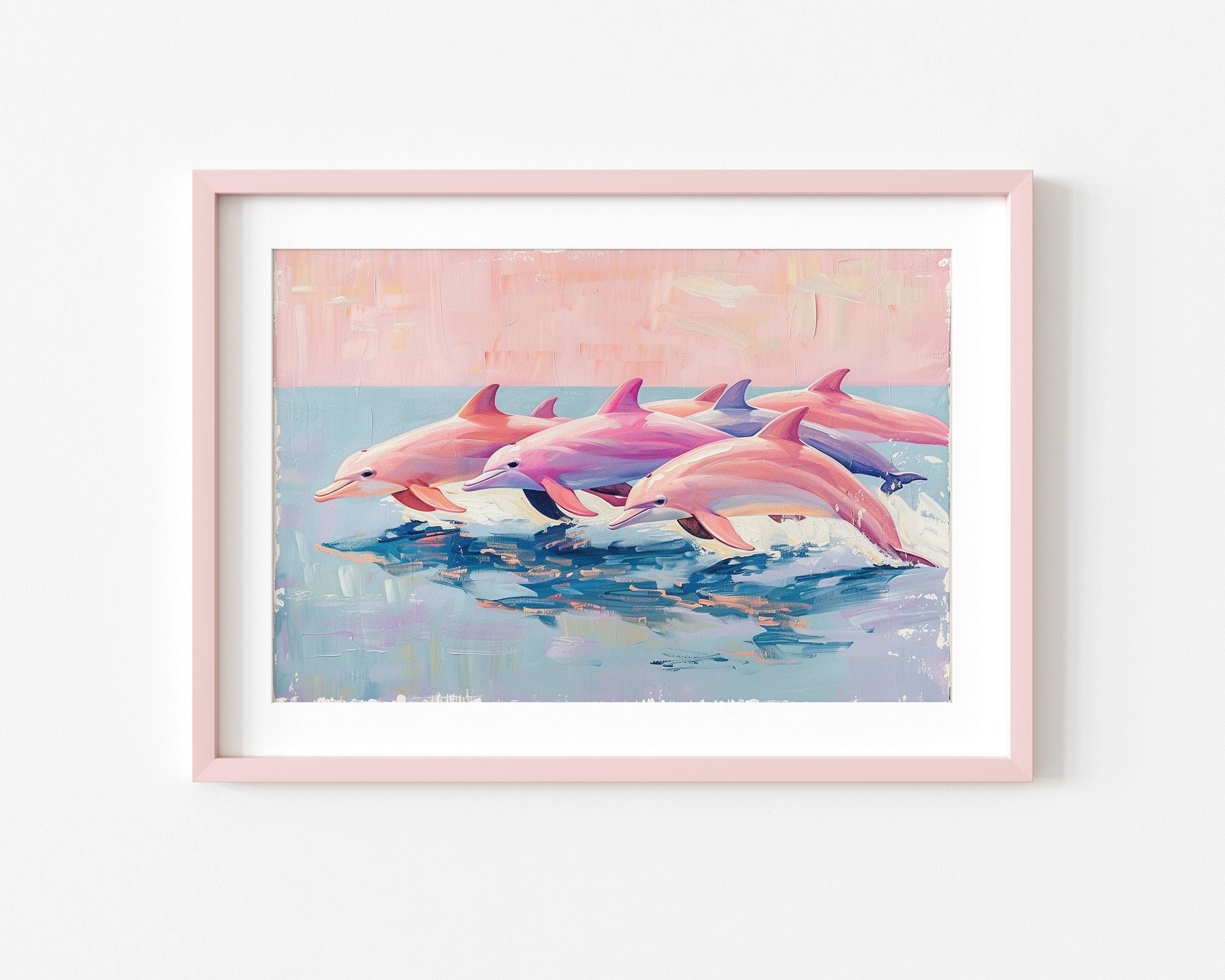 Rosa Delfine springen | Leben im Meer Pastellbild | Küsten Meerestier Wanddekor | Bunt Aquarell Acryl | Delfin Print & Download