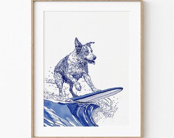 Può includere: Un'illustrazione blu e bianca di un cane che fa surf su un'onda. Il cane è un border collie con un manto bianco e nero. L'onda è blu e bianca e ha una cresta spumosa. Il cane è in piedi su una tavola da surf con le zampe anteriori sollevate in aria.