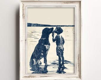 May include: A black and white photo of a boy and a dog standing in a lake. The boy is holding an ice cream cone and the dog is looking at the ice cream cone. The photo is in a white frame.