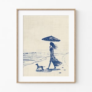 Beach Elegance | Classy Dog Mom Art | Coastal Summertime Beach Decor | Chic Home Wall Art | Blue Sketch | Dog Printable | Digital Download