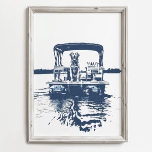 Golden Retriever On Pontoon Boat | Fun Boating Dogs | Summer Home Art | Lake Dog Sketch Art | Beach Cottage Decor | Dog Printable Download