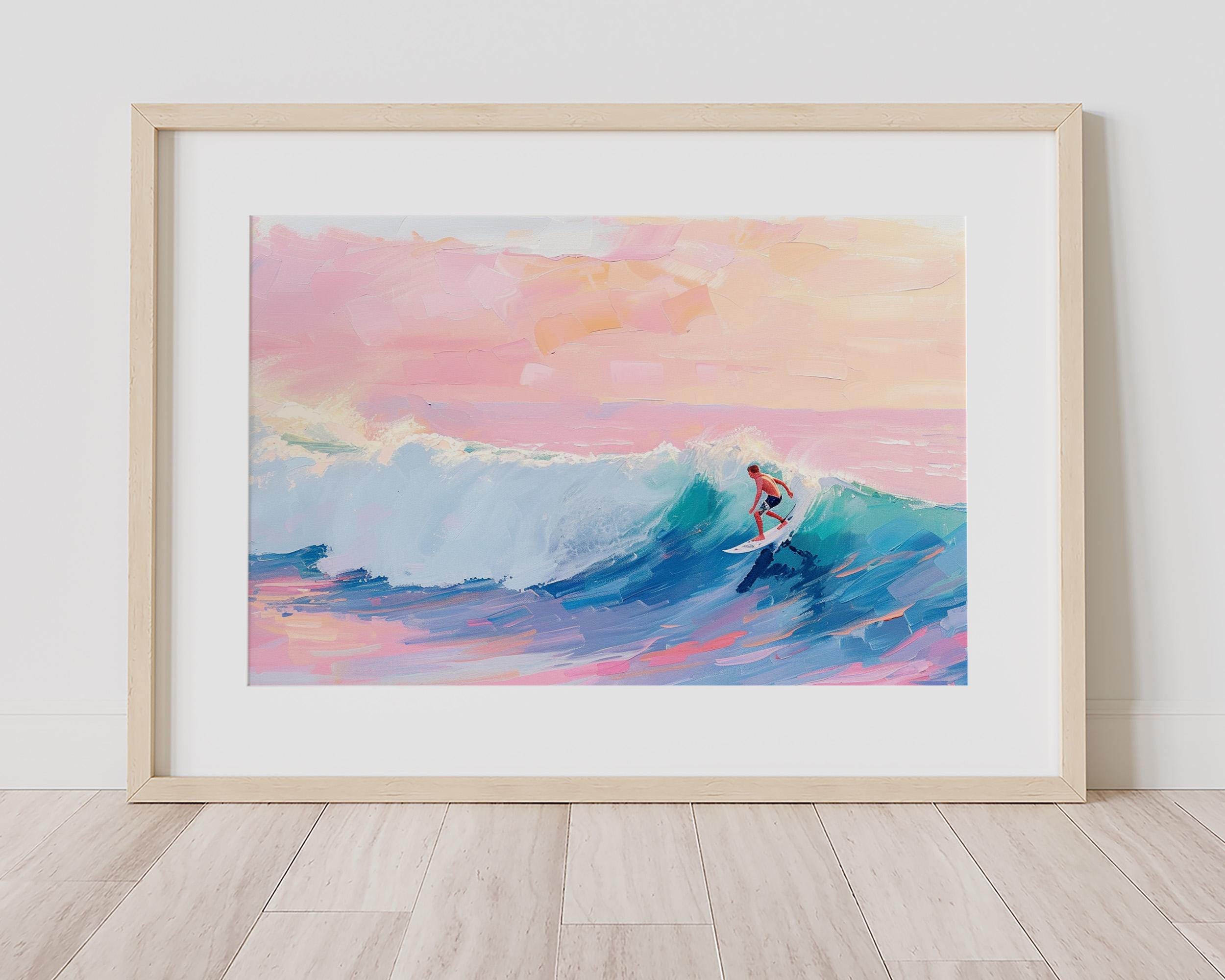 サーフィン パラダイスの絵画 | ピンク パステル 水彩アクリル