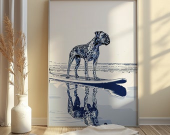 May include: A blue and white illustration of a dog standing on a surfboard in the water. The dog is a Boxer breed and is facing to the right. The water is a light blue color and the surfboard is a dark blue color.