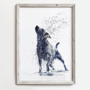 Nasse Labrador Shakes | Blaue Skizze Kunstdruck für Summer Lake Cottage | Labrador-Wand-Dekor | Sommer Hund am See | Digitaler Download