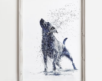 Wet Labrador Shakes | Blue Sketch Art Print for Summer Lake Cottage | Labrador Wall Decor | Summer Lake Dog Printable | Digital Download