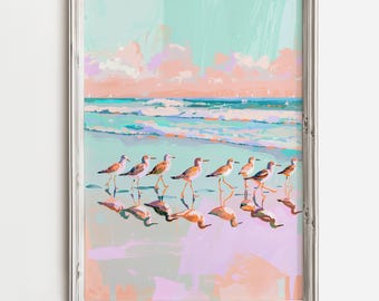 Sand Pipers In-Line | Küstenvögel Gemälde | Bunte Pastell Impressionist | Strand Kunstwerk | Vogel Printable | Digitaler Download