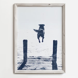Happy Golden Retriever Jumps Off Dock | Summer Lake Home Print | Water Dog Sketch Art | Cottage Decor | Dog Printable | Digital Download