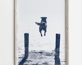 Happy Golden Retriever Jumps Off Dock | Summer Lake Home Print | Water Dog Sketch Art | Cottage Decor | Dog Printable | Digital Download