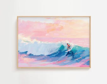 Surfing Paradise Painting | Pink Pastel Watercolor Acrylic | Surfer Home Wall Art | Pretty Wave & Ocean Surf Printable | Digital Download