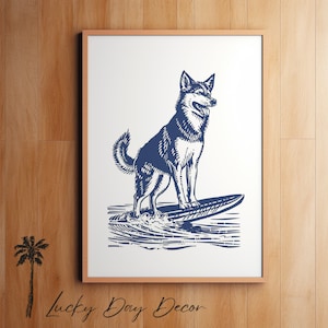 Surfing Dog Happy Siberian Husky Sketch Print - Vintage Coastal Home Print - Cute Wall Art Adorable Fun Dog Lovers Simple Navy Blue Sketch