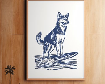 Surfing Dog Happy Siberian Husky Sketch Print - Vintage Coastal Home Print - Cute Wall Art Adorable Fun Dog Lovers Simple Navy Blue Sketch