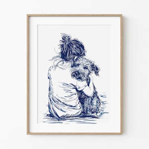 Girl & Dog Hugging On Beach | Cute Coastal Girls Room | Summer Home Art | Nursery Room Sketch | Beach Cottage Decor | Dog Printable Download