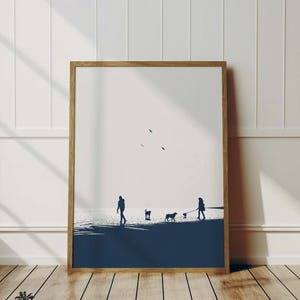 High Tide Beach Walk | Coastal Seaside Sketch | Minimalist Oceanside Dog Artwork | Blue and White Decor | Beach House Download & Printable