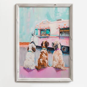 Dog's Food Truck Delight | Arte pastel rosa caprichosa para amantes de cães | Decoração de parede de animais felizes | Impressão colorida de cães | Download digital
