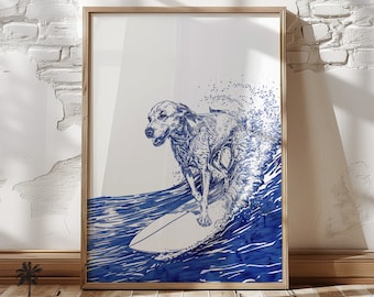 Może przedstawiać: Ilustracja w ramie przedstawiająca psa surfującego na fali. Pies jest narysowany niebieskim atramentem i jedzie na desce surfingowej. Tło to akwarela w kolorze niebieskim.