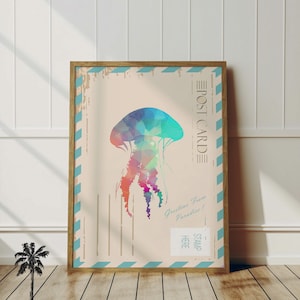 Postal de medusas de colores / Arte costero vintage / Impresión de vida marina / Decoración de pared de medusas / Imprimible para guardería náutica / Descarga digital