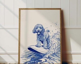 May include: A blue and white illustration of a dog surfing on a wave. The dog is a poodle with a happy expression. The background is a light beige color.