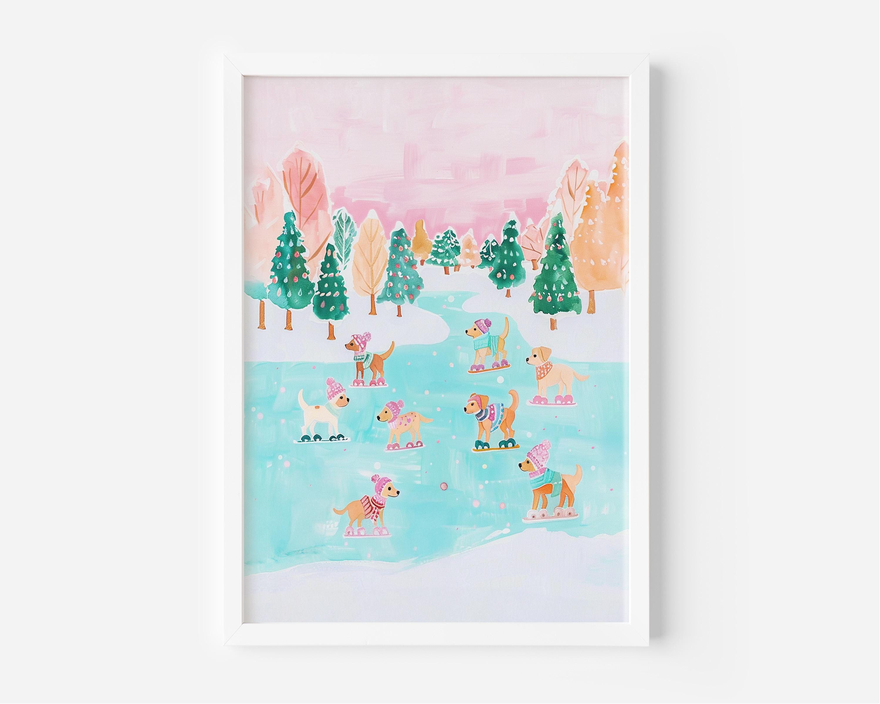 Dog Ice Rink Sign Ice Skating Dogs Art | Whimsical Holiday Dog Painting | Pink Winter ...