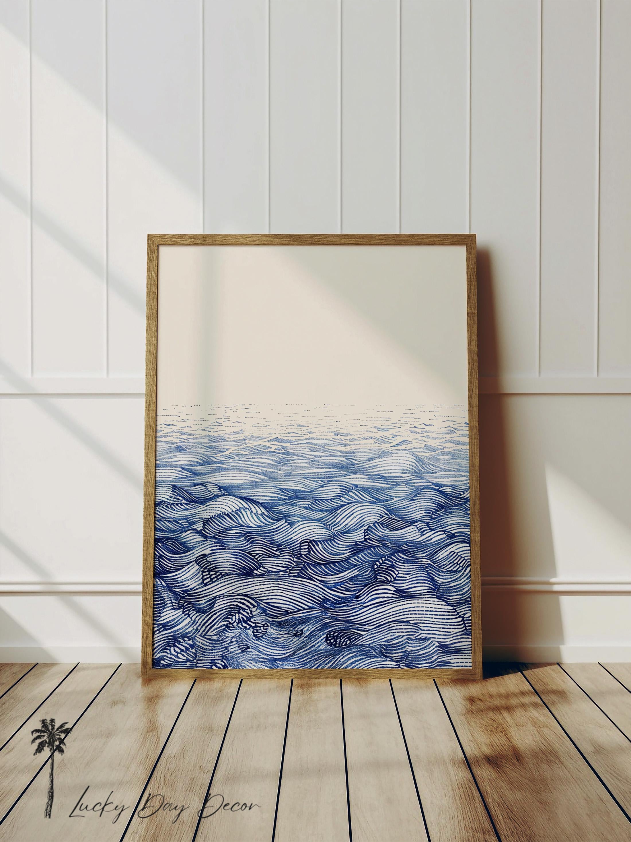 抽象的な海の波のスケッチ - シンプルな海のアート - 白地に青の