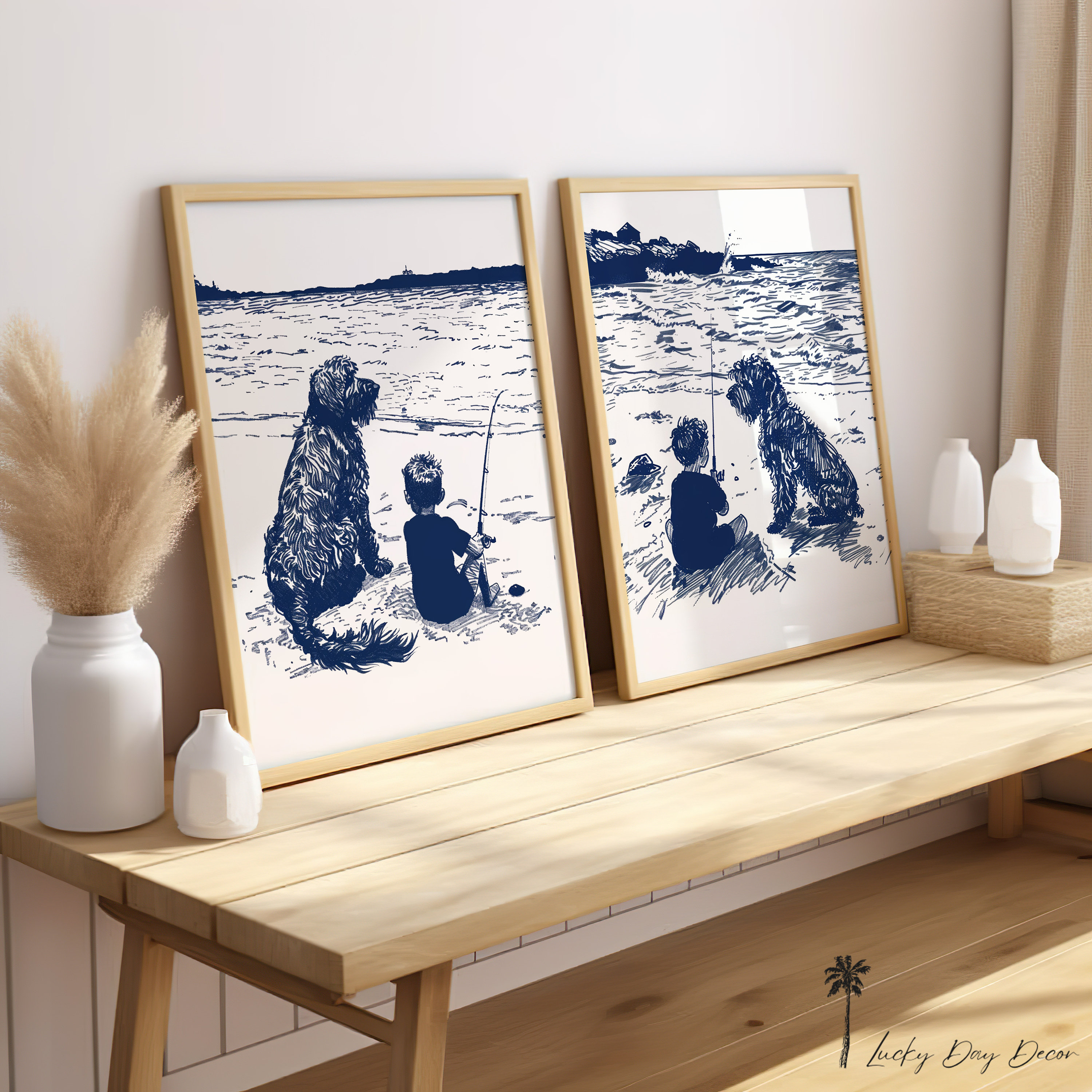 Boy & Doodle Fishing On Beach Collection Of 2 - Vintage Coastal Home Print - Nursery Room Wall Art Adorable Fun Dog Lovers Navy Blue Sketch