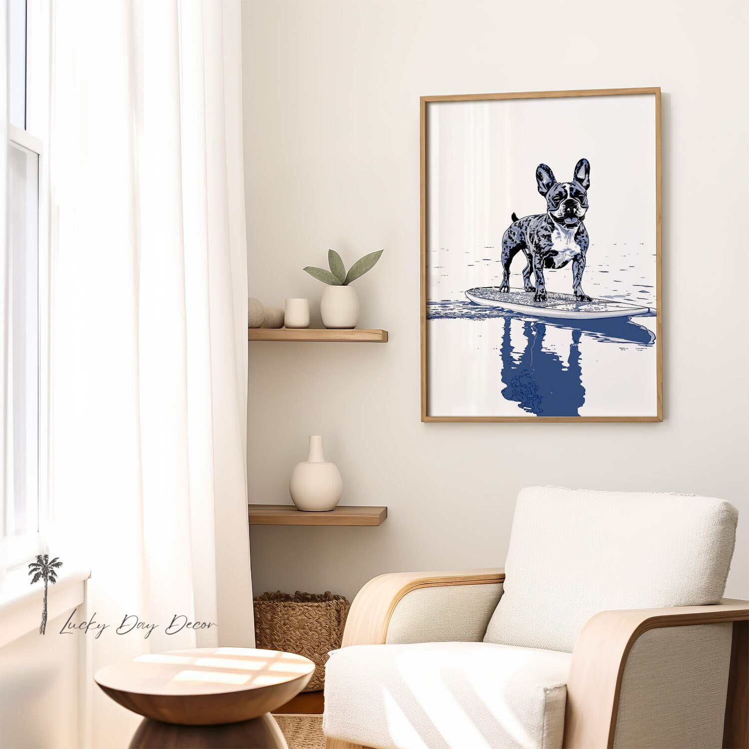 Vintage French Bulldog Surfing Print - Coastal Home Wall Art for