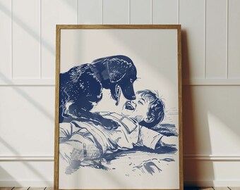 Coastal Puppy and Boy Playing at the Beach | Vintage Coastal Home Print | Nursery Wall Art for Dog Lovers | Navy Blue Sketch | Printable