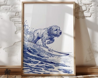 Surfing Dog Happy Doodle Sketch Print | Vintage Coastal Home Print | Cute Surfing Wall Art | Adorable Fun Dog Lovers | Navy Blue Sketch