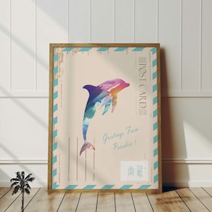 Colorful Dolphin Postcard | Vintage Coastal Wall Art | Sea Life Beach Themed Decor | Nautical Nursery | Dolphin Printable | Digital Download