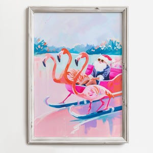 Santa Giving Flamingos Ride | Christmas Pastel Holiday Art | Pink Island Winter | Festive Cheerful Flamingo Painting | Printable Download