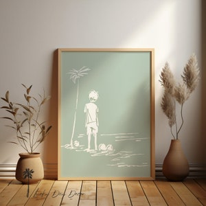 Boy Under Palm | Coastal Home Art | Nursery Children&#39;s Room | Simplistic Green & White Print | Beach Sketch Printable | Digital Download