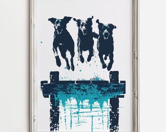 Dog Dock Leap | Arte de esboço de cães aquáticos | Impressão divertida de verão feliz | Decoração de parede de casa de campo no lago | Impressão de cachorro costeiro azul | Download digital