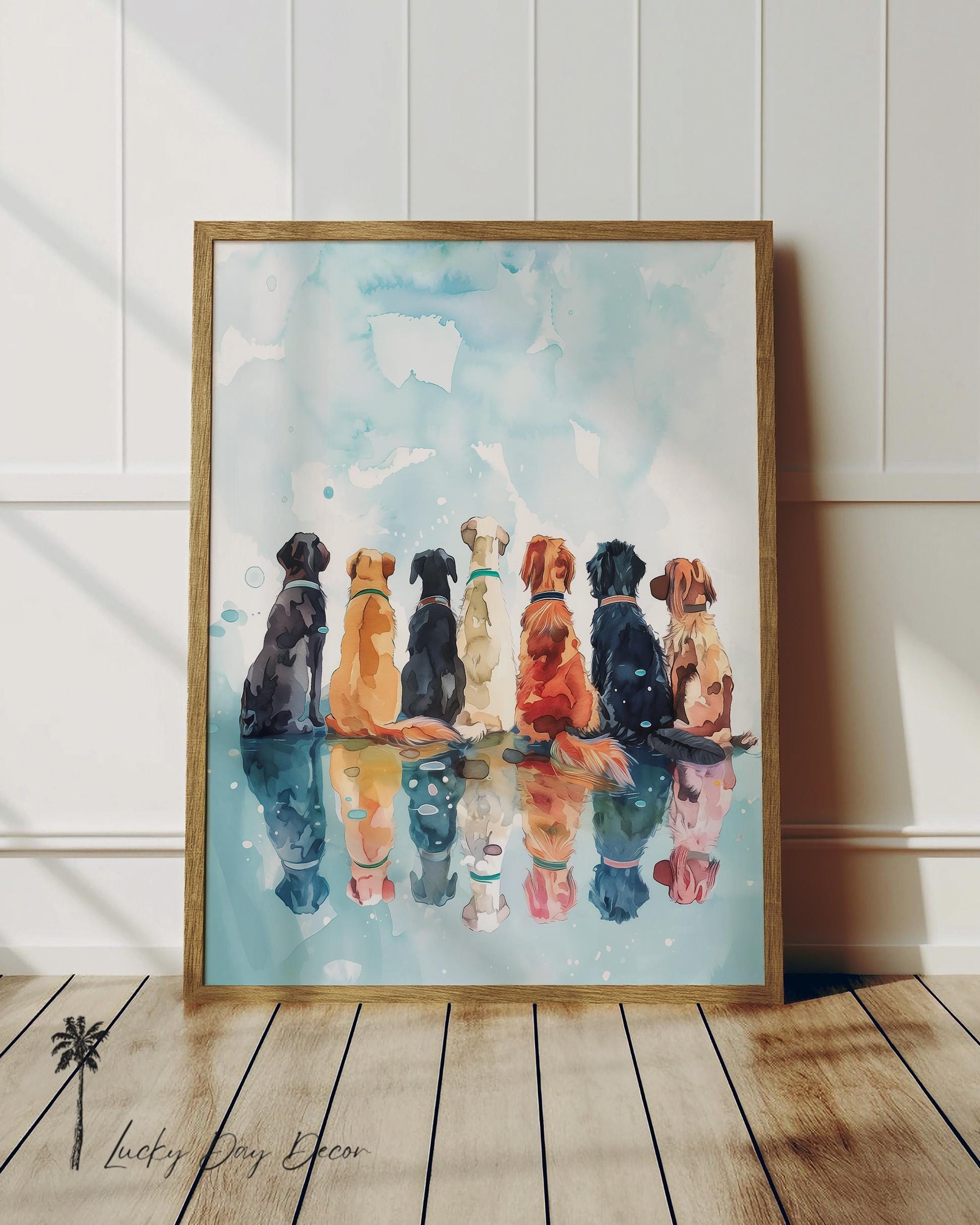 気まぐれな犬のウォッチ | カラフルな海岸の犬の絵画 | 空想的で陽気な