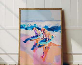 Surfing The Waves - Colorful Coastal Labrador Painting - Surfing Dogs Pastel Print - Fun Happy Yellow Labradors Dog Printable Download
