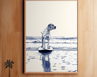 Può includere: Un'illustrazione blu e bianca di un dalmata in piedi su una tavola da surf nell'oceano. Il cane guarda a destra. Lo sfondo è un'illustrazione blu e bianca dell'oceano con onde.