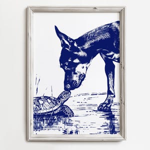Doberman Finds Turtle | Cute Happy Coastal Dog | Summertime Beach Cottage Decor | Cute Home Wall Art | Blue Sketch | Dog Printable Download