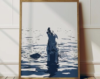 Pose paradisíaca para cães | Vida serena de cão aquático | Decoração de casa de praia no lago no verão | Arte de parede fofa para amantes de cães | Impressão e download de cães