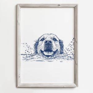 Happy Sandy Dog | Blue Lake Sketch Art Print | Wall Decor For Coastal Cottage House | Summer Lake Artwork | Dog Printable | Digital Download