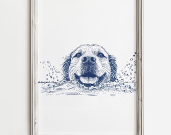 Happy Sandy Dog | Arte de impressão de esboço de Blue Lake | Decoração de parede para casa de campo costeira | Arte de Summer Lake | Cachorro para impressão | Download digital