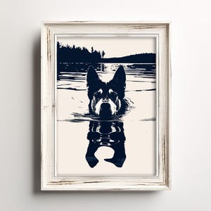 Swimming Husky Dog | Coastal Lake Dog Art | Summertime Beach Cottage Decor | Cute Home Wall Art | Blue Sketch | Dog Printable & Download