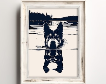 Swimming Husky Dog | Coastal Lake Dog Art | Summertime Beach Cottage Decor | Cute Home Wall Art | Blue Sketch | Dog Printable & Download