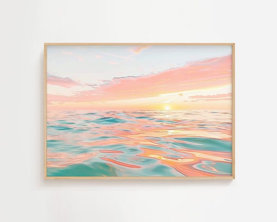 海に昇る静かな日の出 | カラフルな海の絵 | ソフトパステル水彩画