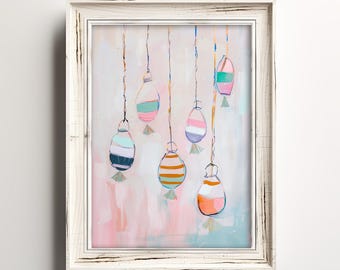 Pastel Buoy Lanterns Art | Whimsical Nautical Painting | Ocean Home | Pink Coastal Cottage Wall Decor | Summer Printable | Digital Download