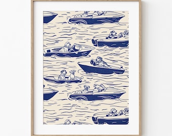 Dia de Passeio de Barco com Cachorros Aquáticos | Arte Náutica de Praia com Cachorros | Decoração Divertida de Casa de Praia para o Verão | Arte de Parede Bonita para Casa | Desenho Azul | Cachorro para Imprimir e Baixar